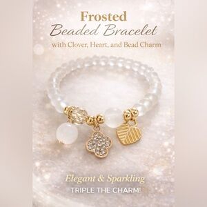 Gold-Accent Glass Frosted White Beaded Bracelet with Clover & Heart Charms